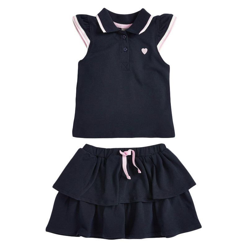 Girls’ Premium Cotton Flutter-Sleeve Polo & Tiered Skirt Set