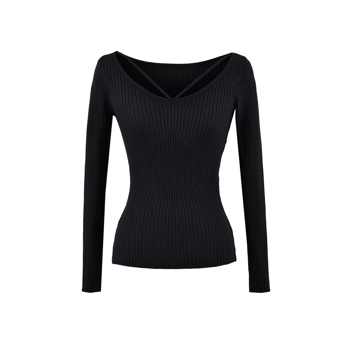 Elevated Long Sleeve Ribbed Knit Top with Criss-Cross Cutout Neckline