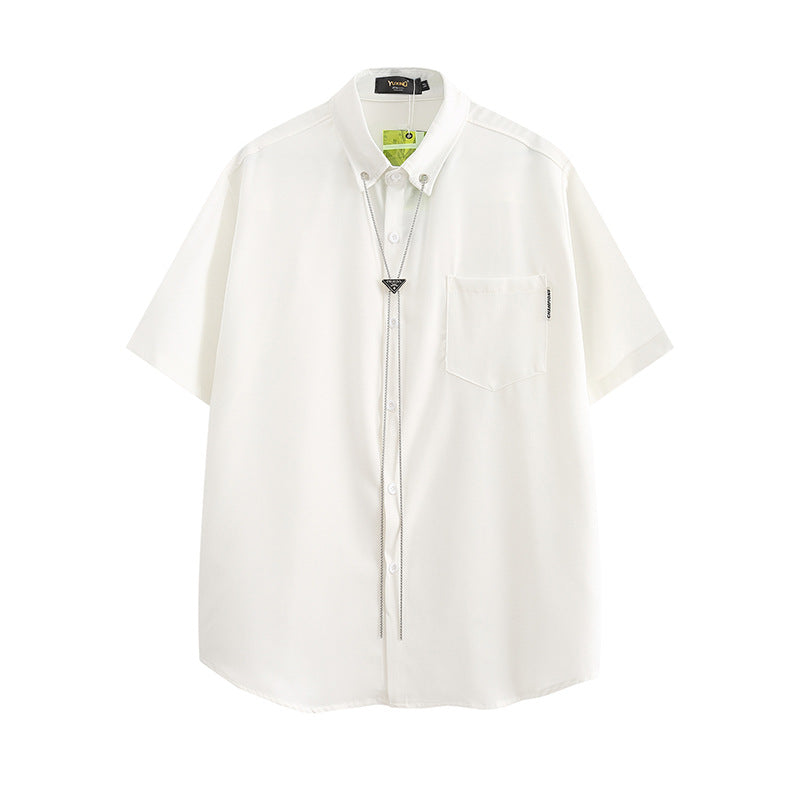 HOUD Modern Short-Sleeve Button-Up with Geometric Chain Lanyard and Eyelet Collar