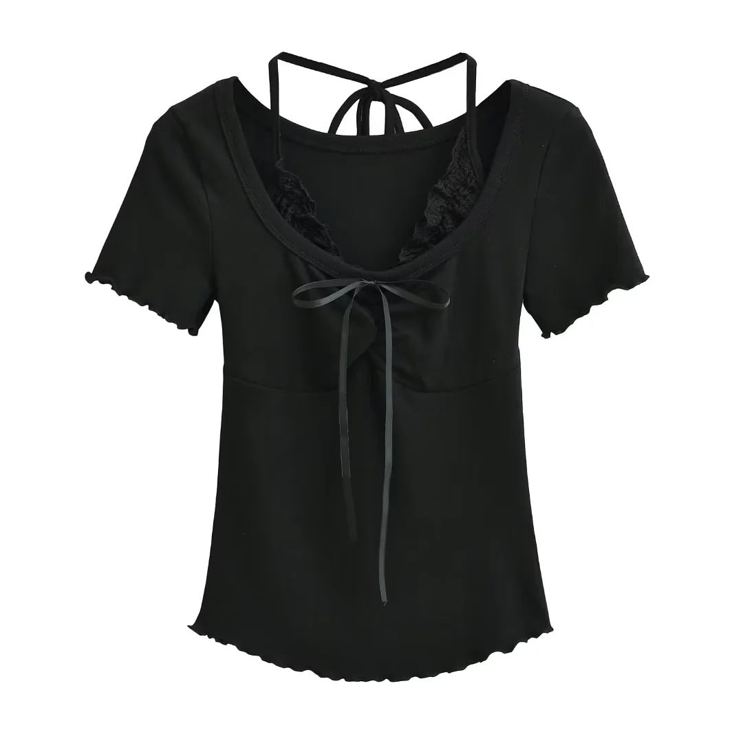 Textured Knit Top with Delicate Lace Ruffle Accent and Front Ribbon Tie