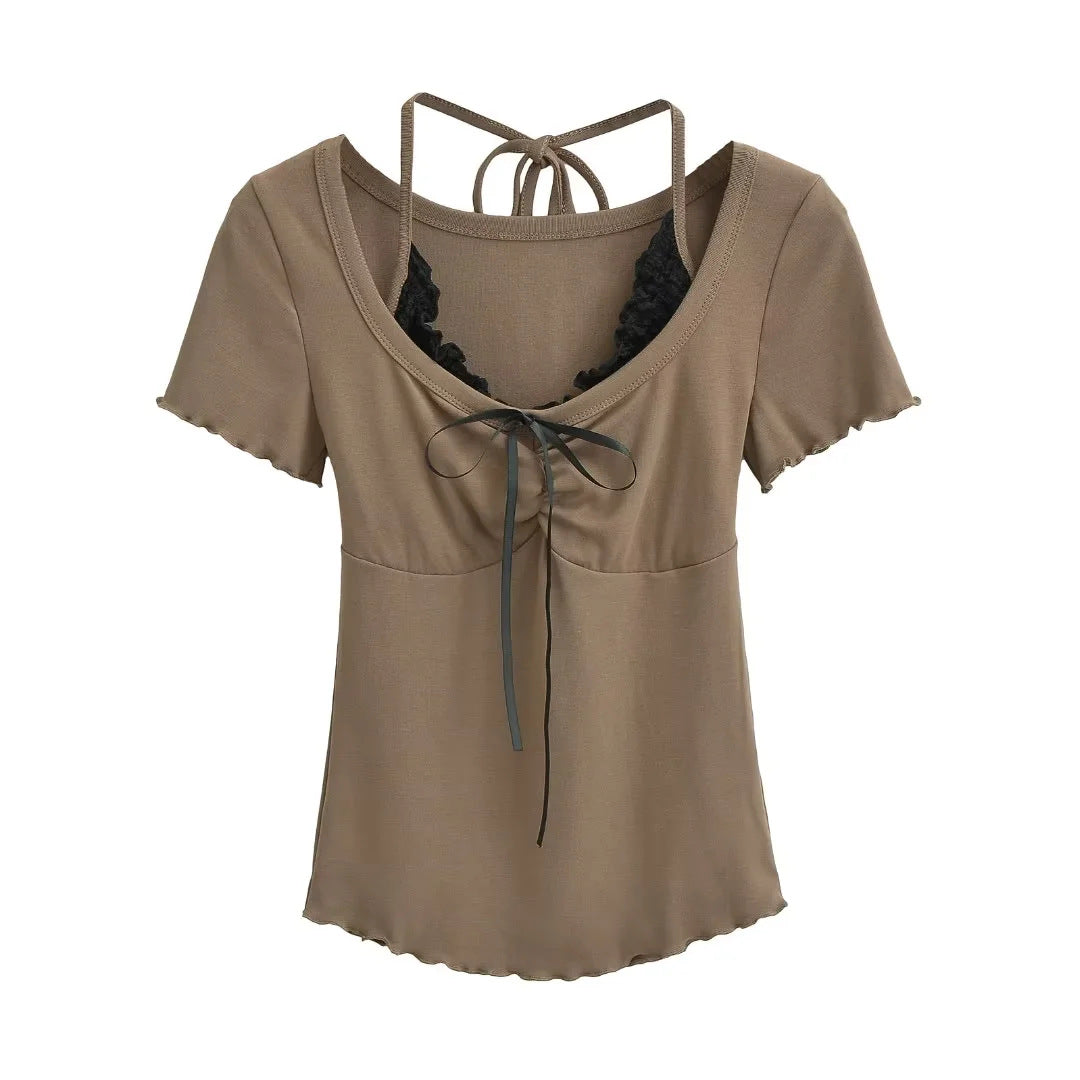 Textured Knit Top with Delicate Lace Ruffle Accent and Front Ribbon Tie