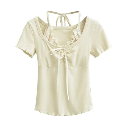 Textured Knit Top with Delicate Lace Ruffle Accent and Front Ribbon Tie