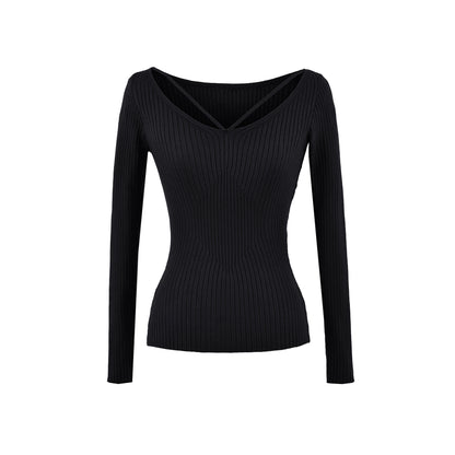 Elevated Long Sleeve Ribbed Knit Top with Criss-Cross Cutout Neckline