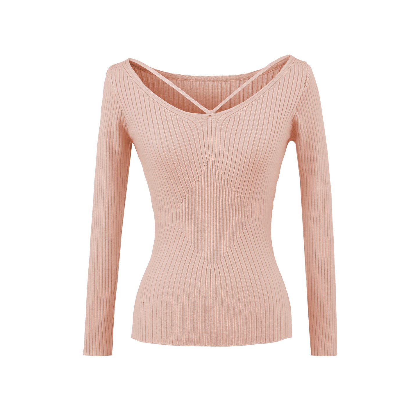 Elevated Long Sleeve Ribbed Knit Top with Criss-Cross Cutout Neckline