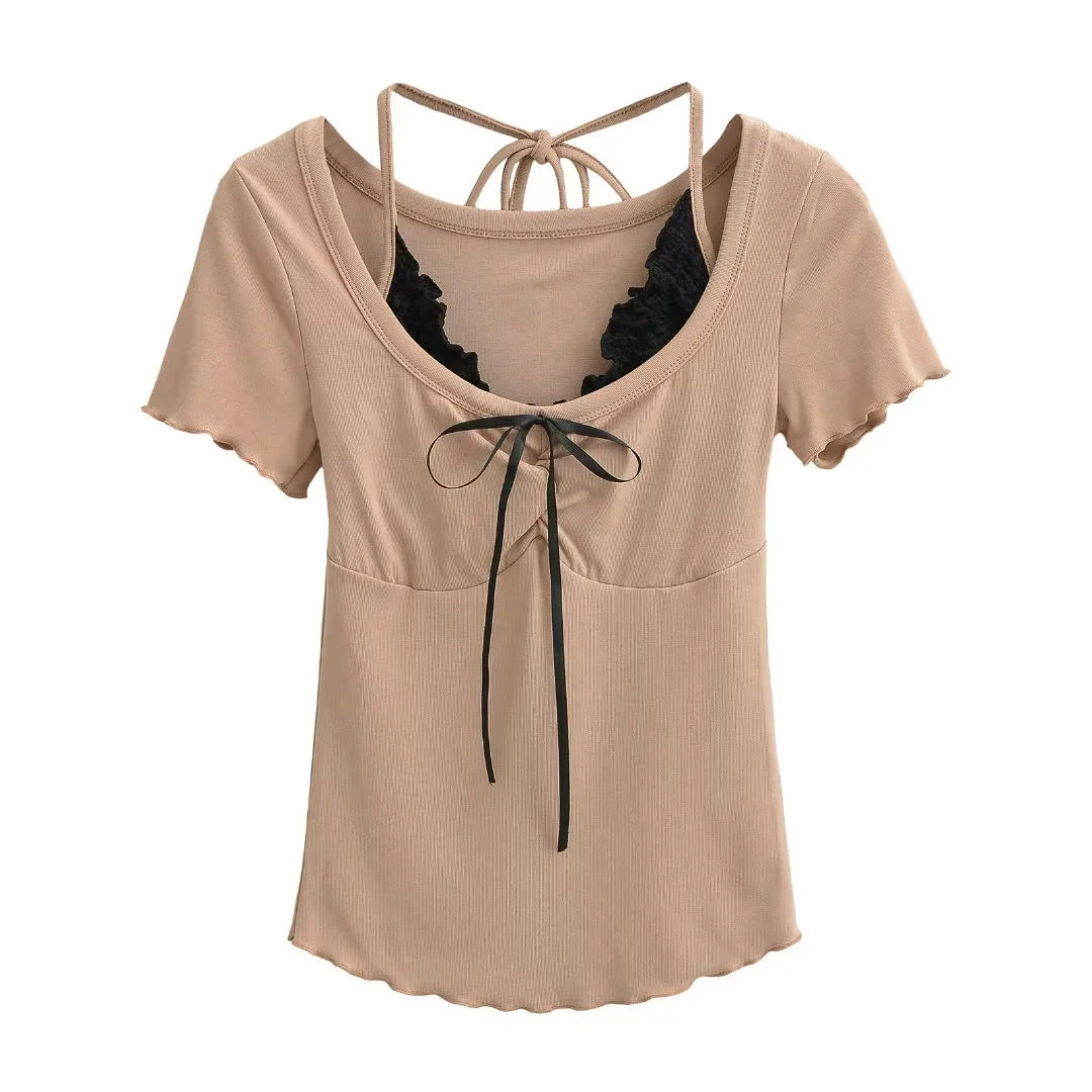 Textured Knit Top with Delicate Lace Ruffle Accent and Front Ribbon Tie