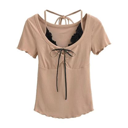 Textured Knit Top with Delicate Lace Ruffle Accent and Front Ribbon Tie