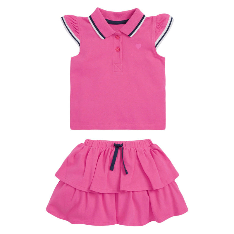 Girls’ Premium Cotton Flutter-Sleeve Polo & Tiered Skirt Set