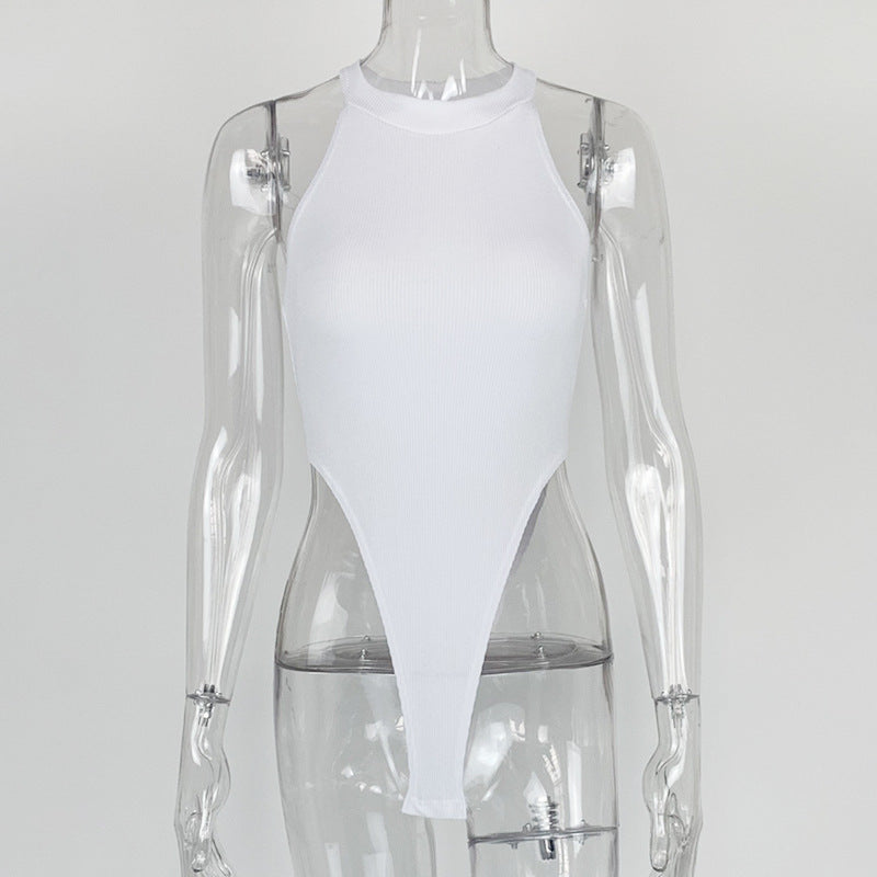 High-Cut Ribbed Halter Bodysuit – Sexy Backless Sleeveless One-Piece