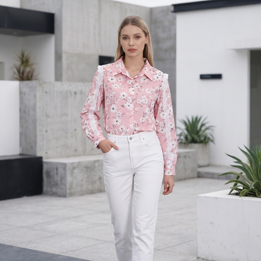 Women’s Pink Floral Long Sleeve Blouse with Elegant Lace Trim