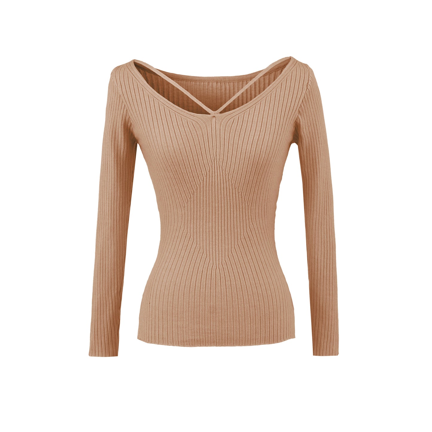 Elevated Long Sleeve Ribbed Knit Top with Criss-Cross Cutout Neckline
