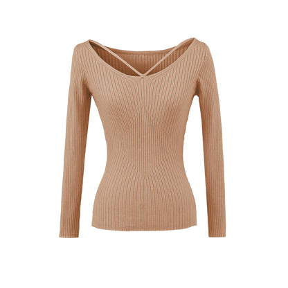 Elevated Long Sleeve Ribbed Knit Top with Criss-Cross Cutout Neckline