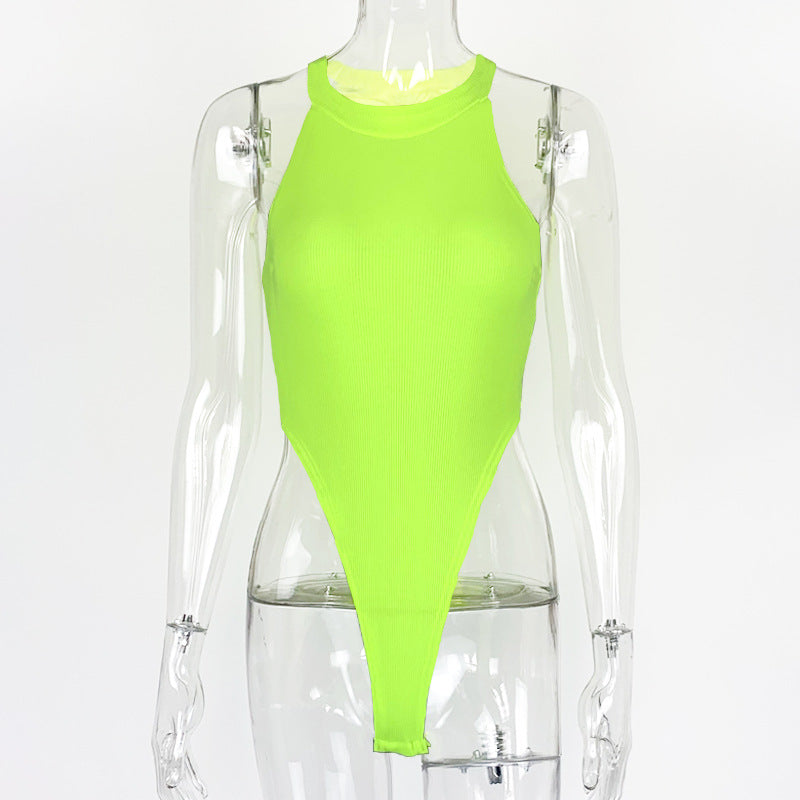 High-Cut Ribbed Halter Bodysuit – Sexy Backless Sleeveless One-Piece