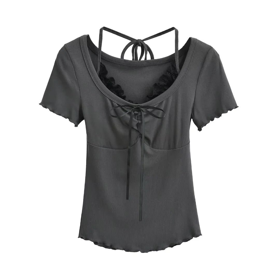 Textured Knit Top with Delicate Lace Ruffle Accent and Front Ribbon Tie
