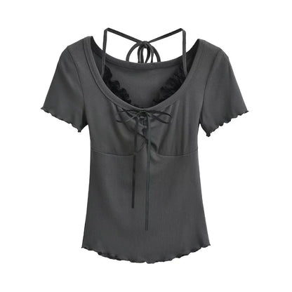 Textured Knit Top with Delicate Lace Ruffle Accent and Front Ribbon Tie