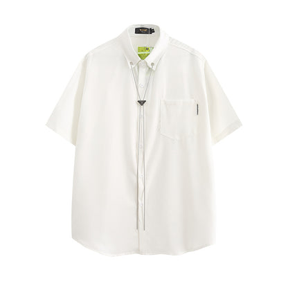 HOUD Modern Short-Sleeve Button-Up with Geometric Chain Lanyard and Eyelet Collar
