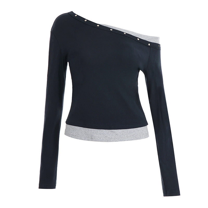 Studded Asymmetrical Cold-Shoulder Long Sleeve Top