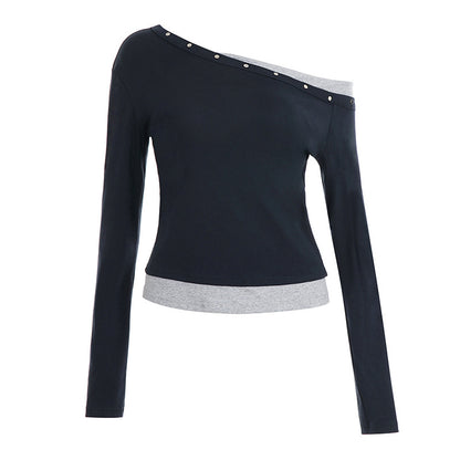 Studded Asymmetrical Cold-Shoulder Long Sleeve Top