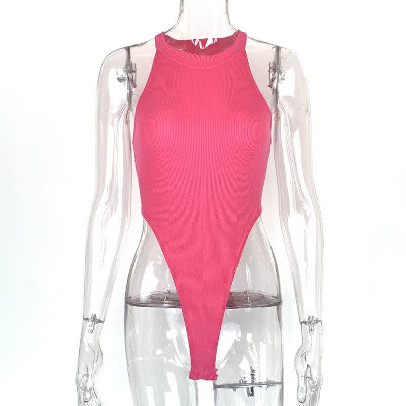 High-Cut Ribbed Halter Bodysuit – Sexy Backless Sleeveless One-Piece