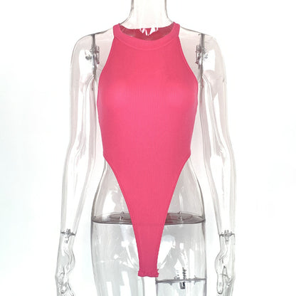 High-Cut Ribbed Halter Bodysuit – Sexy Backless Sleeveless One-Piece
