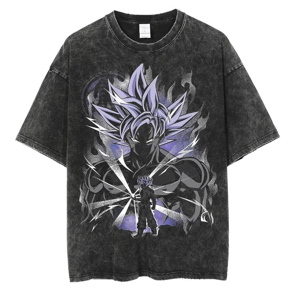Hip Hop Oversized Washed G-O-K-U Anime T-shirts Men Black Vintage