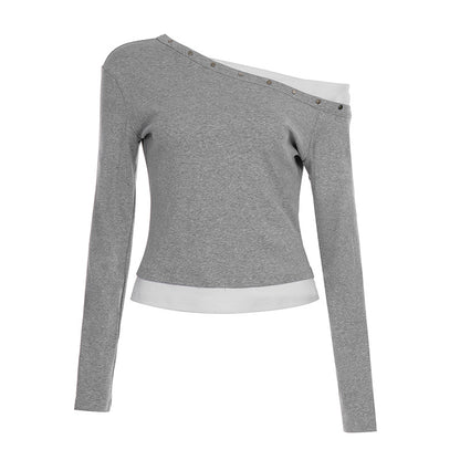 Studded Asymmetrical Cold-Shoulder Long Sleeve Top