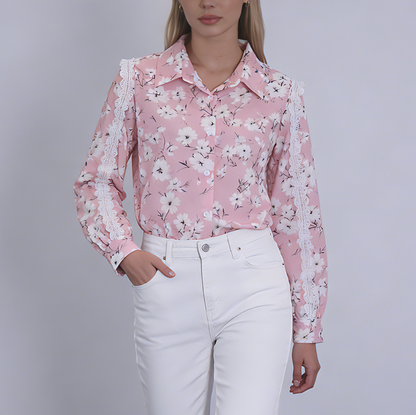 Women’s Pink Floral Long Sleeve Blouse with Elegant Lace Trim