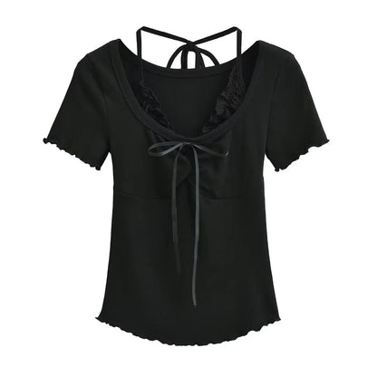 Textured Knit Top with Delicate Lace Ruffle Accent and Front Ribbon Tie