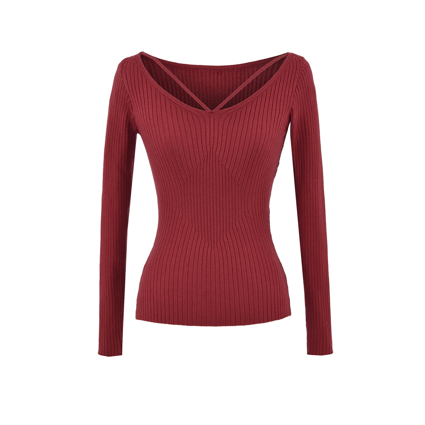 Elevated Long Sleeve Ribbed Knit Top with Criss-Cross Cutout Neckline
