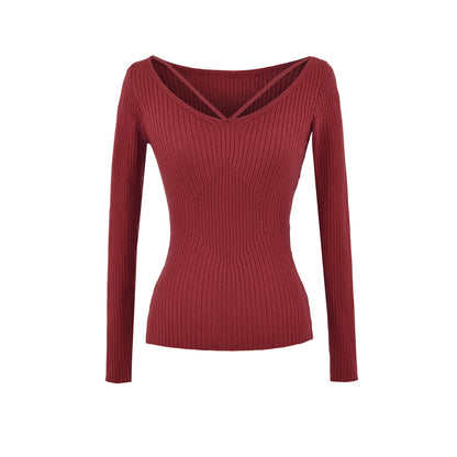 Elevated Long Sleeve Ribbed Knit Top with Criss-Cross Cutout Neckline