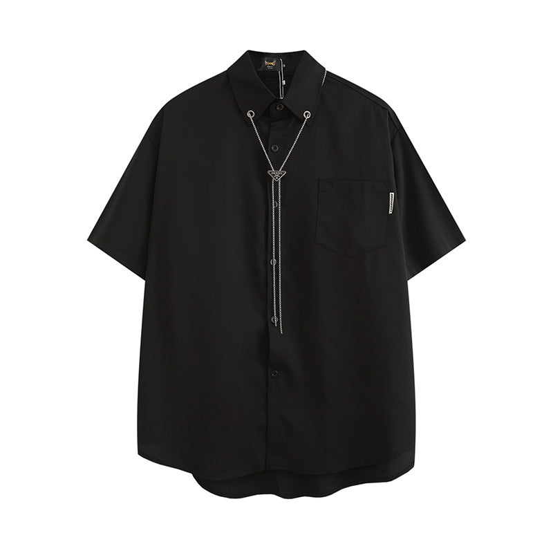 HOUD Modern Short-Sleeve Button-Up with Geometric Chain Lanyard and Eyelet Collar