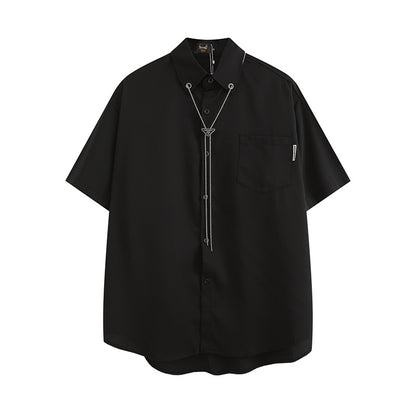 HOUD Modern Short-Sleeve Button-Up with Geometric Chain Lanyard and Eyelet Collar