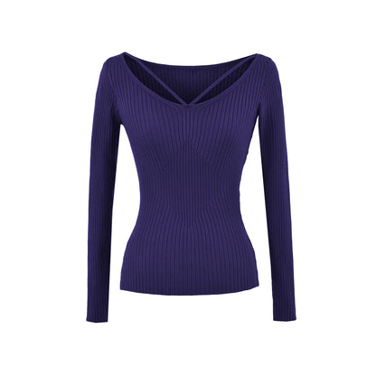 Elevated Long Sleeve Ribbed Knit Top with Criss-Cross Cutout Neckline