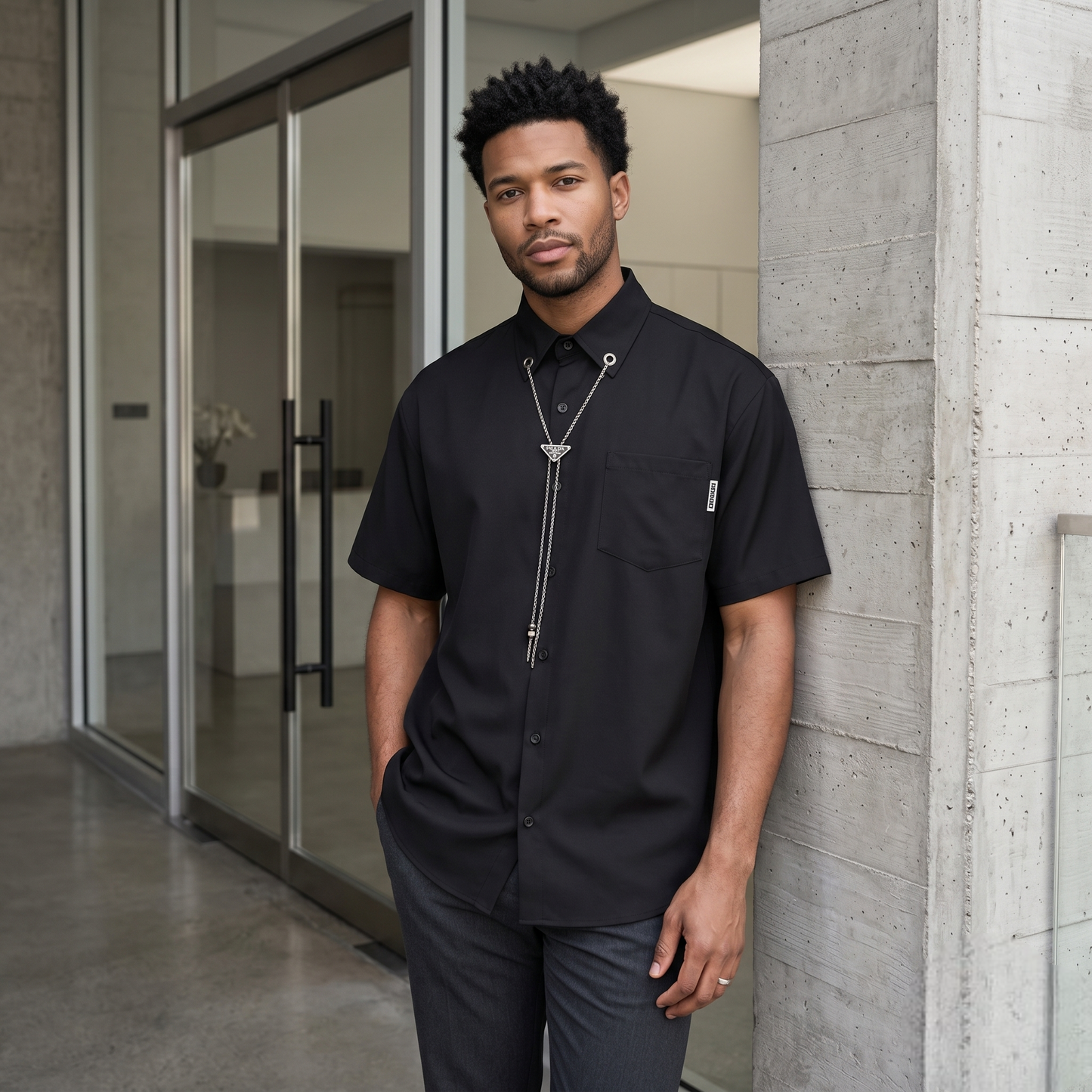 HOUD Modern Short-Sleeve Button-Up with Geometric Chain Lanyard and Eyelet Collar