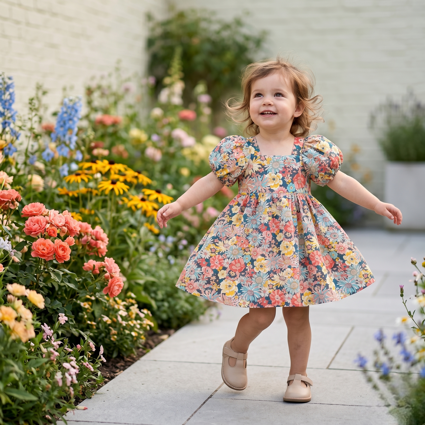 Vintage-Inspired Puff Sleeve Floral Cotton Toddler Dress - Wildflower Print