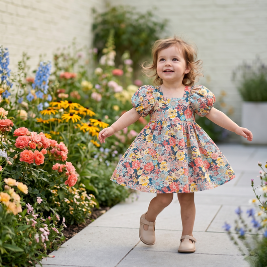 Vintage-Inspired Puff Sleeve Floral Cotton Toddler Dress - Wildflower Print