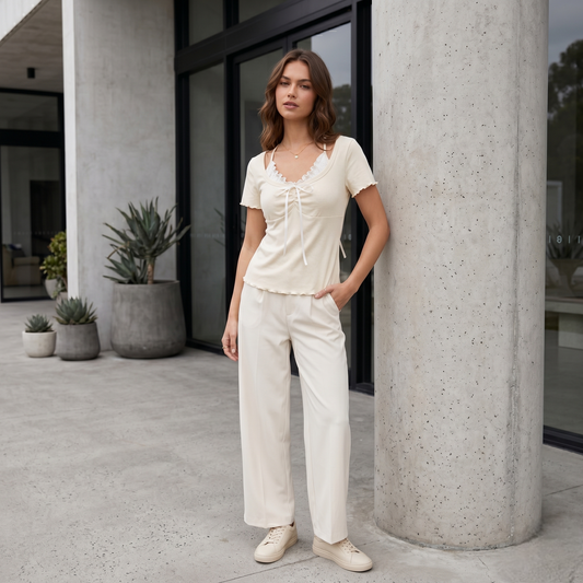 Textured Knit Top with Delicate Lace Ruffle Accent and Front Ribbon Tie