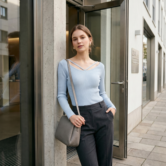 Elevated Long Sleeve Ribbed Knit Top with Criss-Cross Cutout Neckline