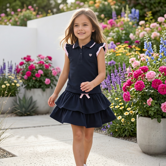 Girls’ Premium Cotton Flutter-Sleeve Polo & Tiered Skirt Set