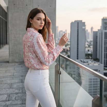 Women’s Pink Floral Long Sleeve Blouse with Elegant Lace Trim